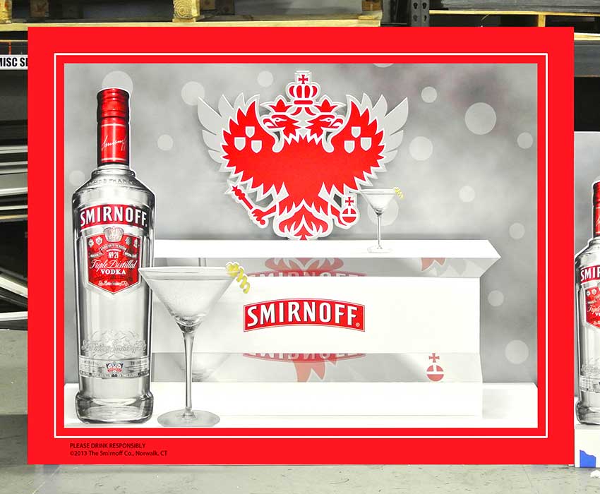 Physical Smirnoff three dimensional window display prototype with window decals digtally rendered over photo.